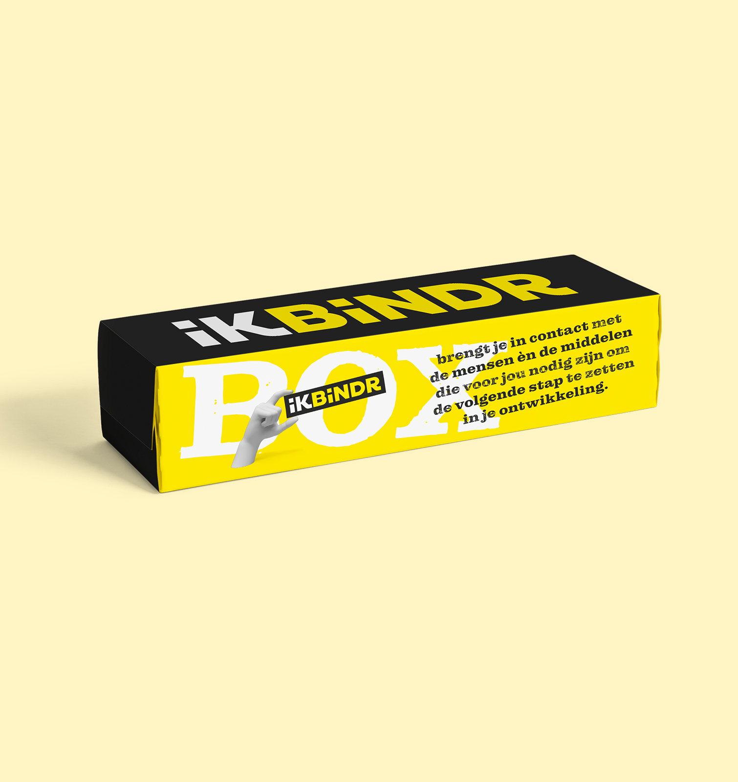 Een zwart met gele box waar IKBINDR op staat