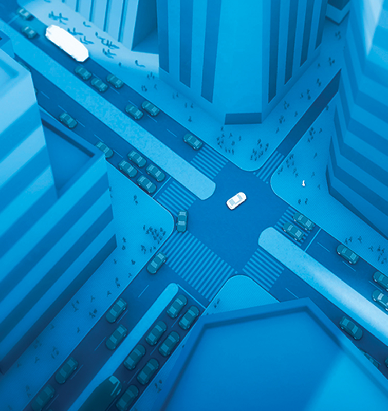 Blauwe animatie afbeelding van een kruispunt met veel auto's en mensen.